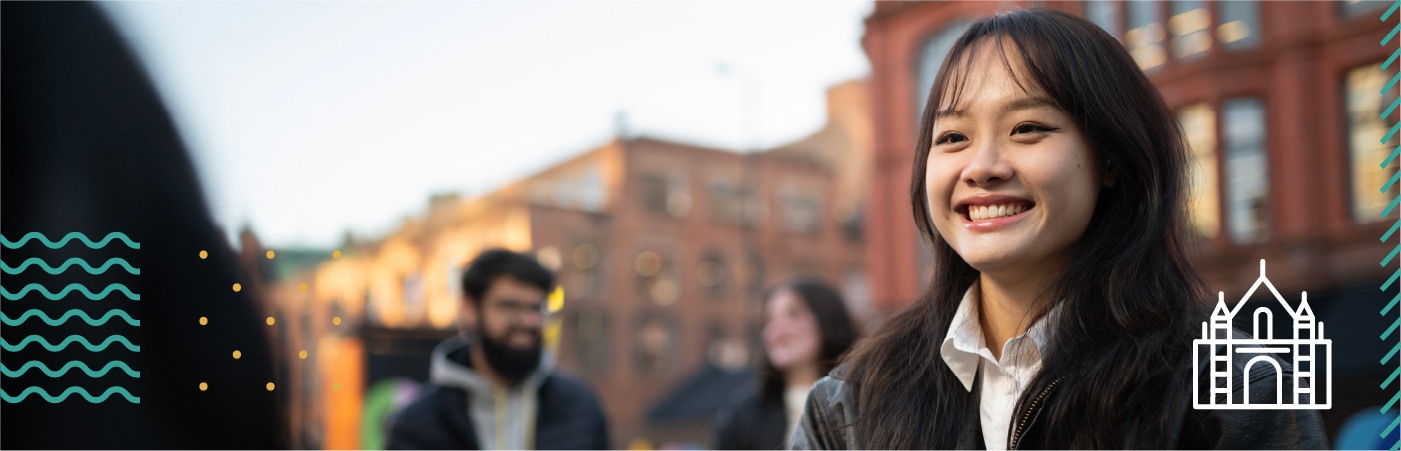 Student smiling into the distance with added colour graphics overlaid. 