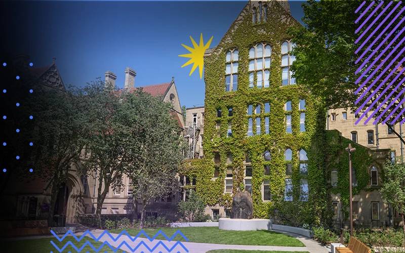 University quad buildings and gardens