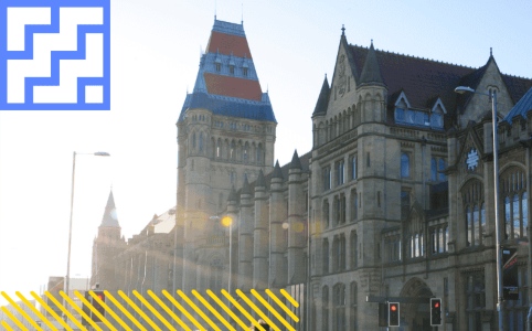 Cartoon graphics representing open days, overlaying a university building 