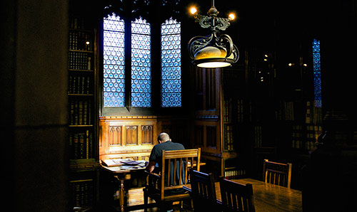 Male sat in library studying