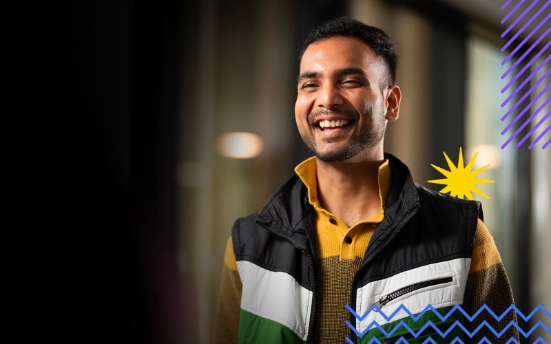 Graphics forming a frame around a smiling student