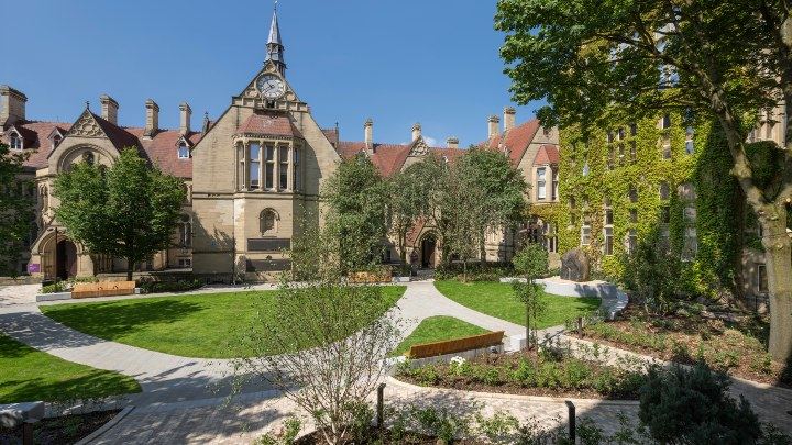 The University of Manchester Quad, featuring old buildings and green environmental spaces. 