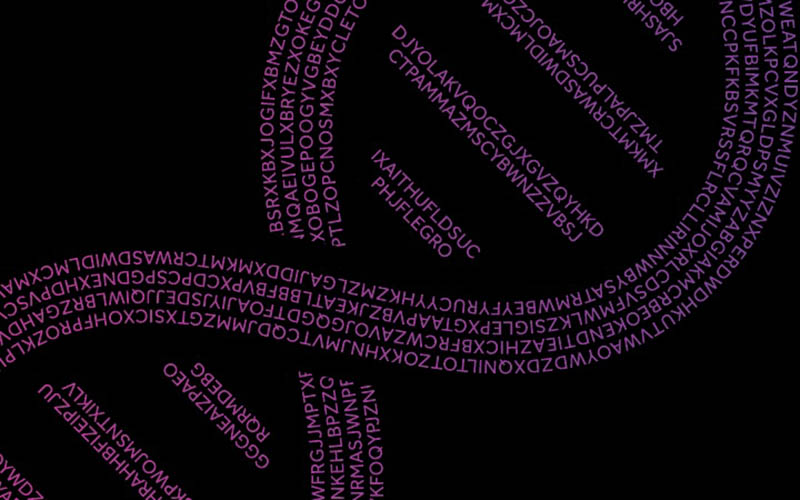 Abstract dark gray background with curved purple alphanumeric text.