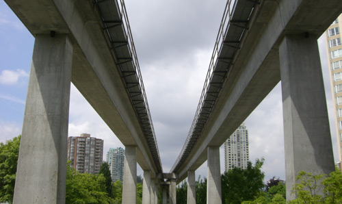 A photograph of the underside of concrete bridges