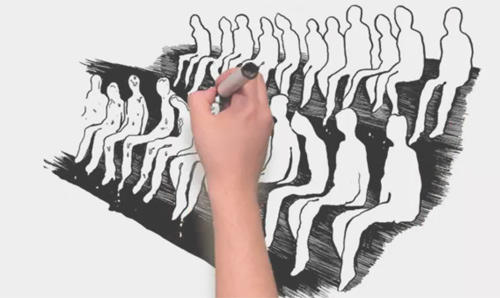 A hand sketching people