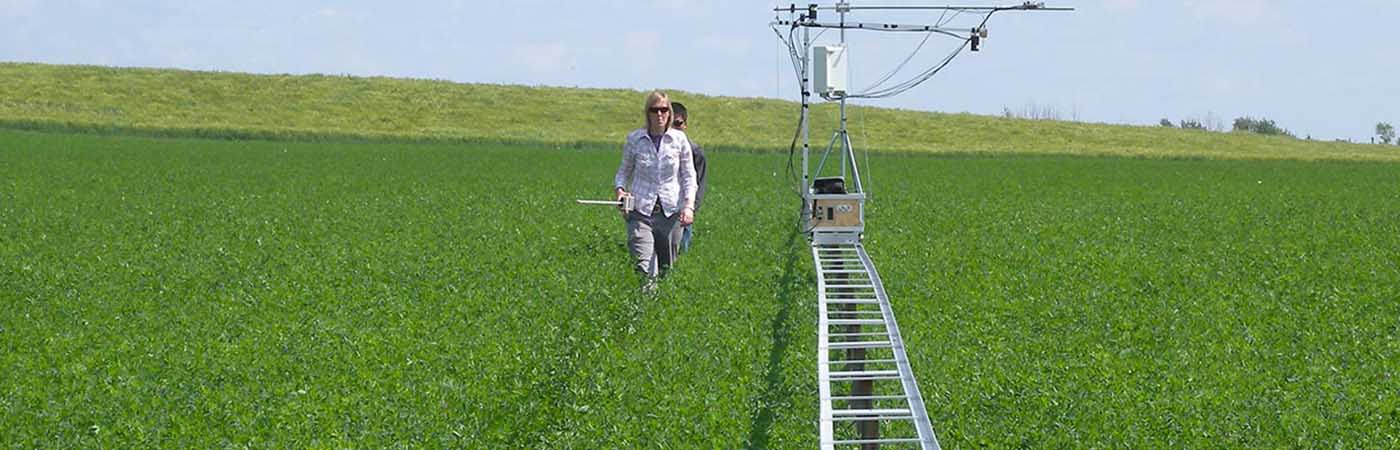 Female researcher in field with equipment