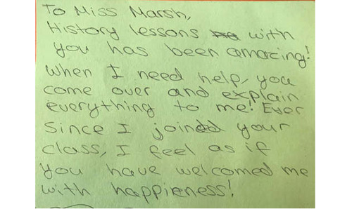 Pupil's note thanking Eloise for teaching them history.