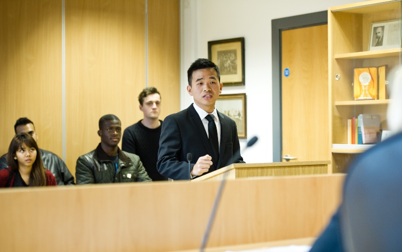 Students in a mock courtroom