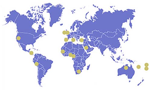 World map displaying fieldwork and study locations