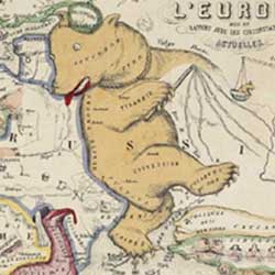 Old Russian map that includes an illustration of a bear