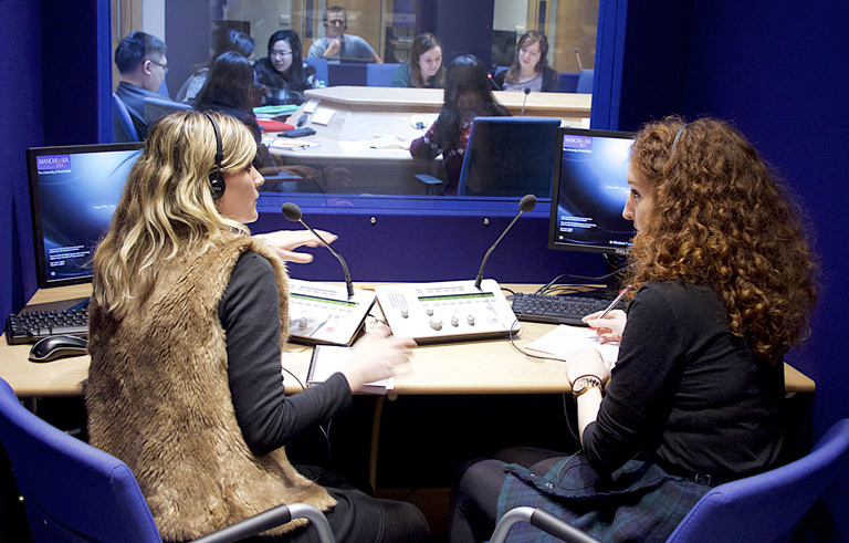 Language student in the language lab