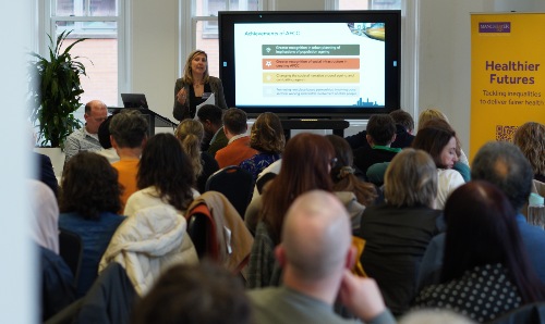 Audience watching a presentation at the Healthier Futures event.