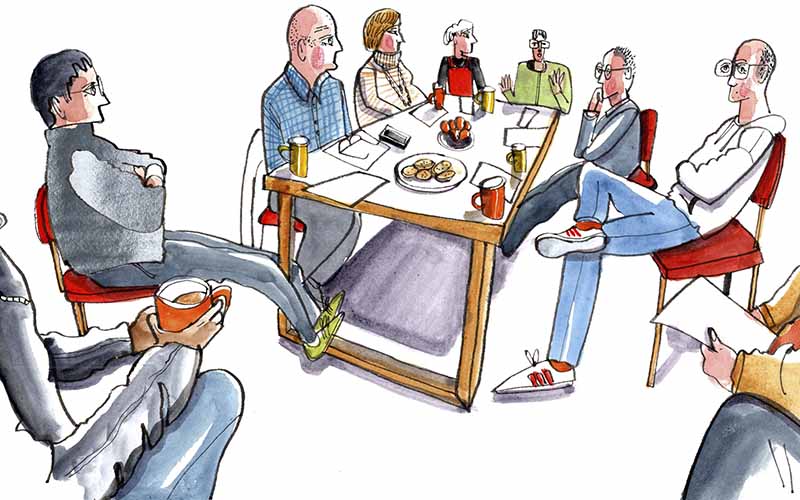 Illustration of a community group meeting around a table with drinks and discussion notes.