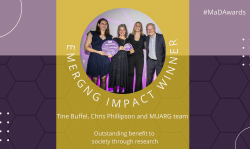 Dr Tine Buffel (Sociology), Professor Christopher Phillipson (Sociology) and other MUARG colleagues receiving the 'Outstanding benefit to society through research' award.