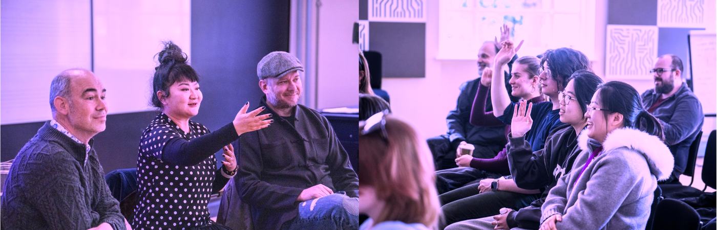 A discussion panel between musicians and students.