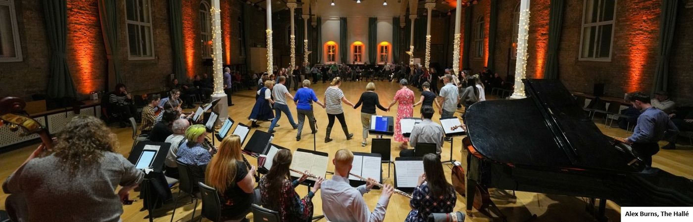 People doing a traditional klezmer dance with a live classical music performing. Image credit to Alex Burns.
