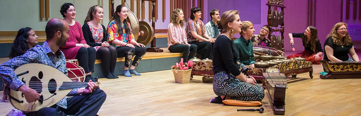 Students playing the gamelan