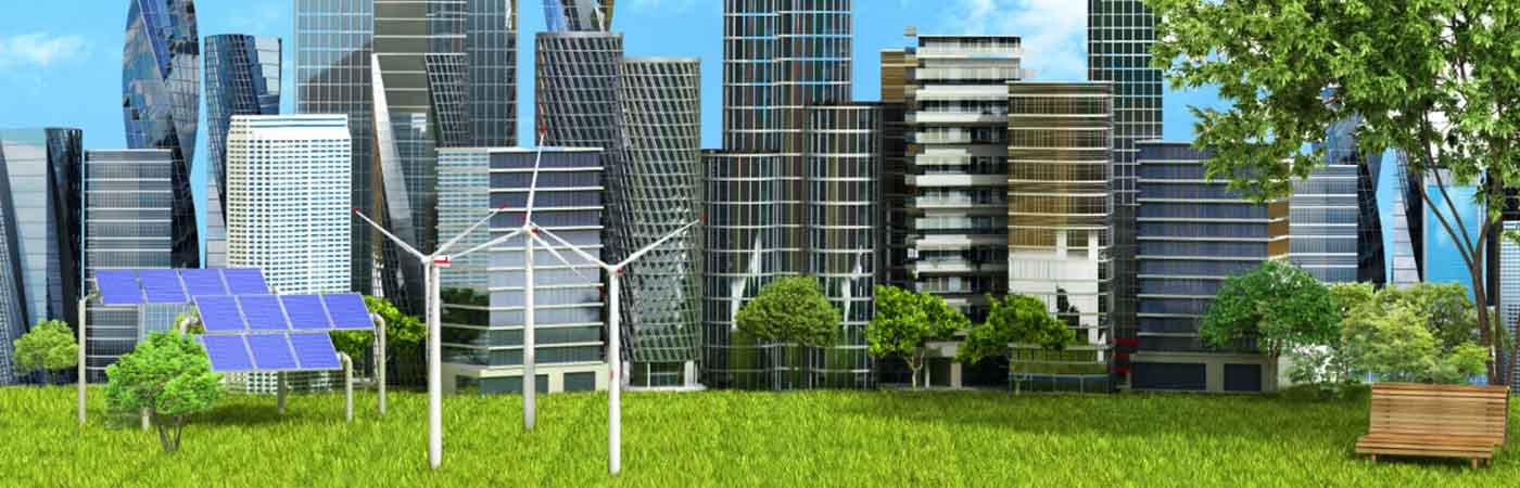 Eco-friendly city with solar panels, wind farms and trees