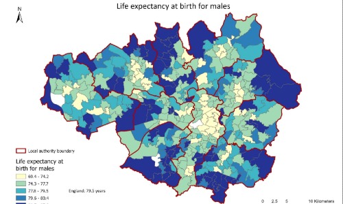 Map showing life expectancy for males at birth in Greater Manchester.