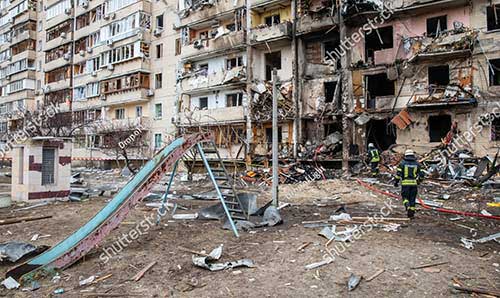 A residential building damaged by an enemy aircraft in the Ukrainian capital Kyiv.