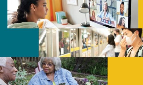 A collage of three images, one with a lady on a laptop, one with a lady on a phone, and one with a couple talking on a bench.