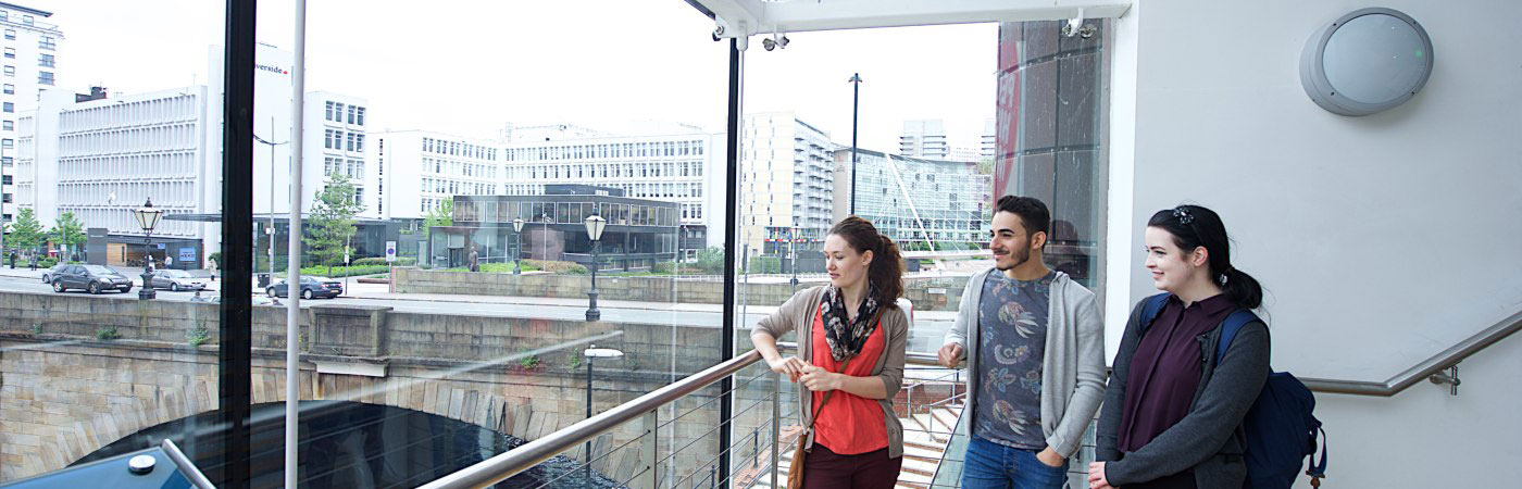 Students looking out the window of the history museum