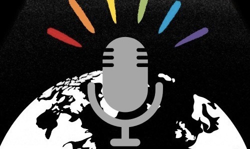 A microphone icon with the earth behind it