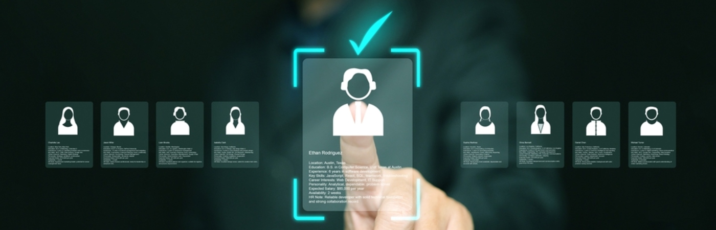 A business professional touches a digital interface highlighting a selected candidate profile, with multiple avatar cards around it.