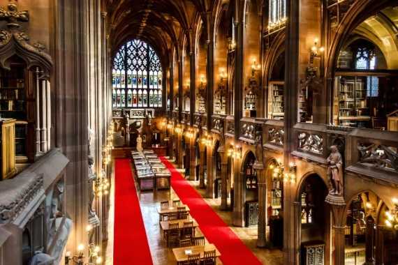 Exhibits and bookshelves inside John Rylands library 