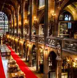 Exhibits and bookshelves inside John Rylands library 