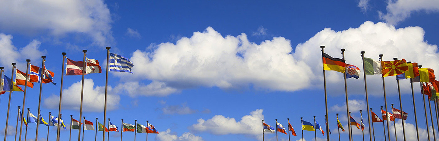 Flags from all different countries blowing in the wind