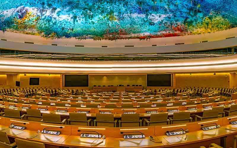 An assembly hall in the Palace of Nations in Geneva, Switzerland