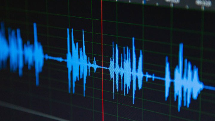 Blue sound waves on a black screen.
