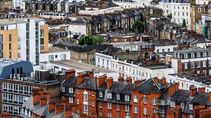 An aerial photograph of a city's skyline.