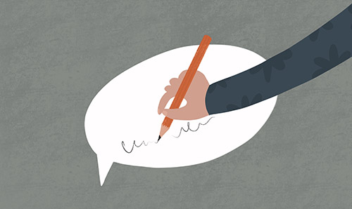 An illustrated hand writing in a speech bubble
