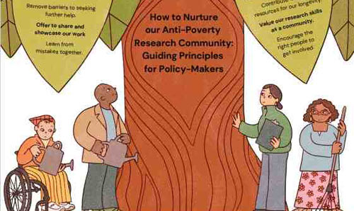 Graphic of cartoon people looking after a tree with text on how to nurture anti-poverty relationships written on leaves - see pdf for full details