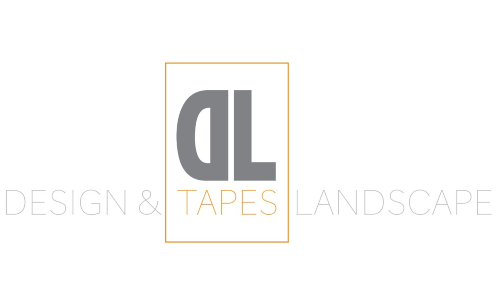 Logo for Tapes Design and Landscape featuring stylised grey lowercase letters d and l inside a thin orange rectangle, with the word TAPES in orange and the rest of the text in light grey.