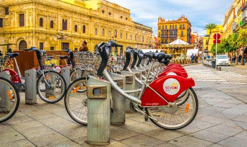 View of city bike stands in the Spanish city of Sevilla.