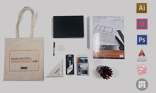 Visual representation of the many contents of the Manchester Urban Design LAB (MUD-Lab)'s facilities and software.