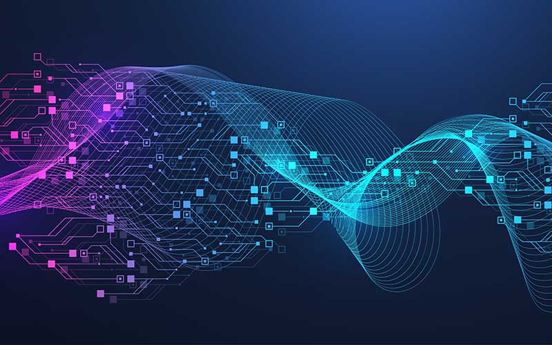 Abstract digital wave with pink and blue circuit lines and squares on a dark blue background.