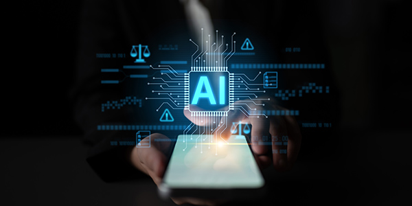 Person holds smartphone with glowing AI chip icon and digital interface elements above the screen.