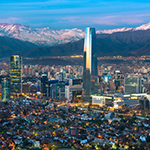 Panoramic view of Providencia and Las Condes districts with Costanera Center skyscraper, Titanium Tower and Los Andes Mountain Range, Santiago de Chile