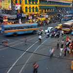 Street traffic blurred in motion at evening