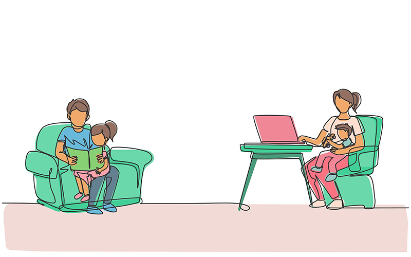 Parents balancing childcare, reading and remote work with young children at home.