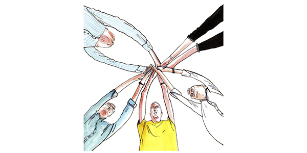 Illustration of people joining hands to show teamwork and collaboration.