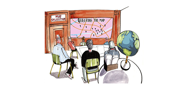 Illustration of people viewing a &ldquo;Queering the Map&rdquo; display in a map collection.