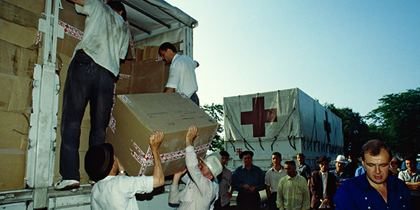 The International Committee of the Red Cross aid in Molgabek, Republic of Ingushetia, 1993.