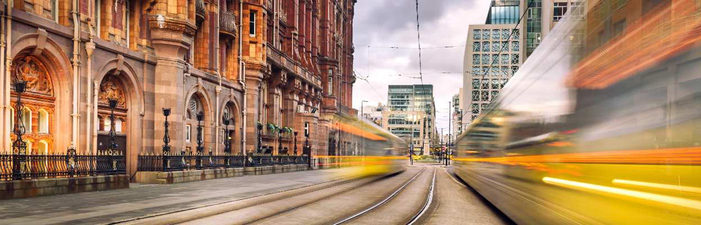 Long exposure image of a Manchester city centre tram