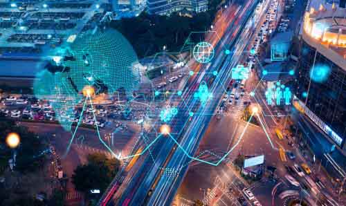 Research and development hologram on aerial view of road