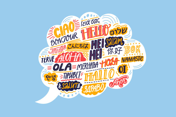 Speech bubble with &ldquo;hello&rdquo; in multiple languages.
